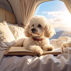 Cute white poodle relaxing on airplane bed while reading book with sunlight streaming through window in luxury travel scene