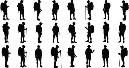 Silhouettes of male hikers with backpacks – trekking and adventure poses for outdoor, camping, travel, and exploration design projects