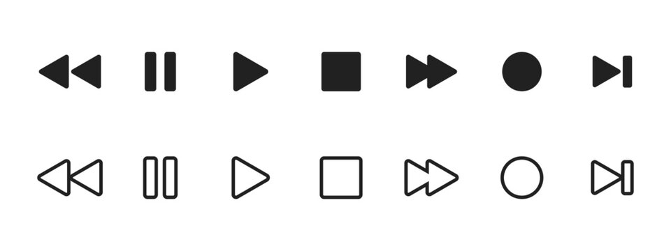 Play icon set. Media player controls with play, pause, stop, record, rewind and forward vector illustration. Universal video and music navigation symbol. Interface playback UI sign. Control pictogram.