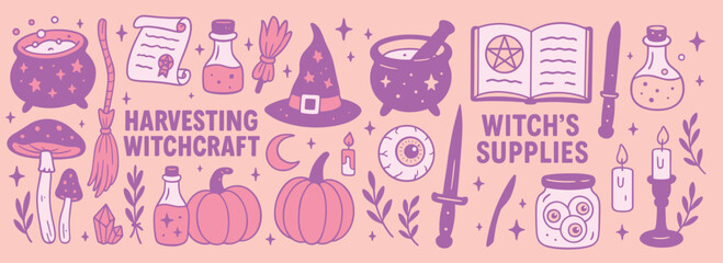 Funny haunted Halloween vector set doodle elements