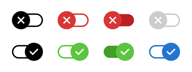 Toggle button icon. On and off switch with check mark and cross vector illustration. Interface control for enabling or disabling options symbol. Mobile and web UI settings sign.
