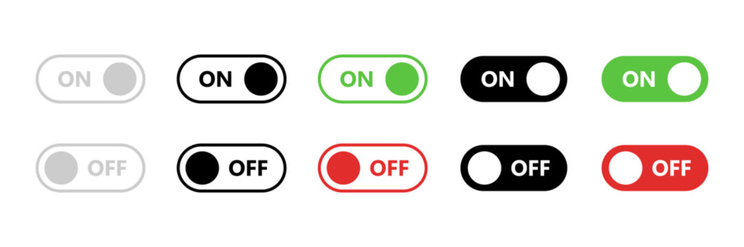 Toggle switch icon. On and off buttons in various styles for user interface vector illustration. Interactive control element for settings and mobile apps symbol. Digital UI design sign.