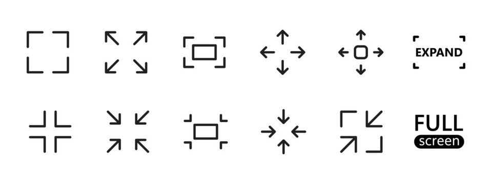 Fullscreen icon set. Expand and minimize screen view with directional arrows vector illustration. Resize and adjust display symbol. Zoom control sign. Screen mode adjustment pictogram.