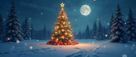 Sapin de noël illuminé un soir de pleine lune. Composition encerclée de sapins enneigés un soir d'hiver. 