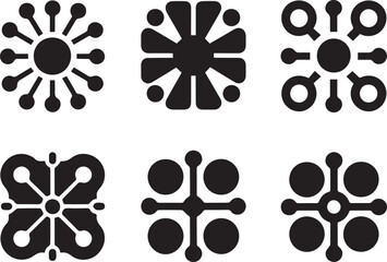 Set of six abstract geometric connection icons. Symmetrical vector symbols for network, technology, and community concepts.