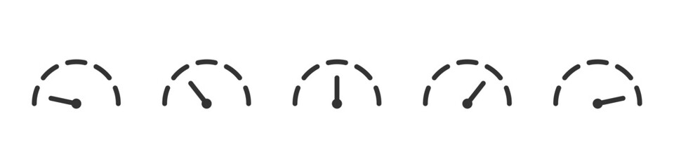 Speedometer level icon set. Dashboard gauge with needle vector illustration. Used for speed, progress and performance indicator symbol. Ideal for UI, apps and control panels sign.