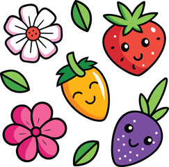 Cute kawaii style illustration of happy cartoon strawberries and flowers with green leaves on a white background