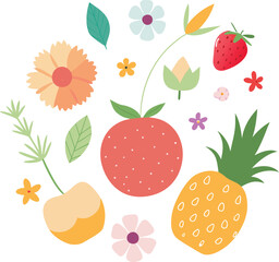 A vibrant circular arrangement of fresh fruits and delicate flowers creating a cheerful and organic decorative pattern with a natural theme