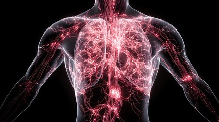 complex veins and arteries network glowing inside torso