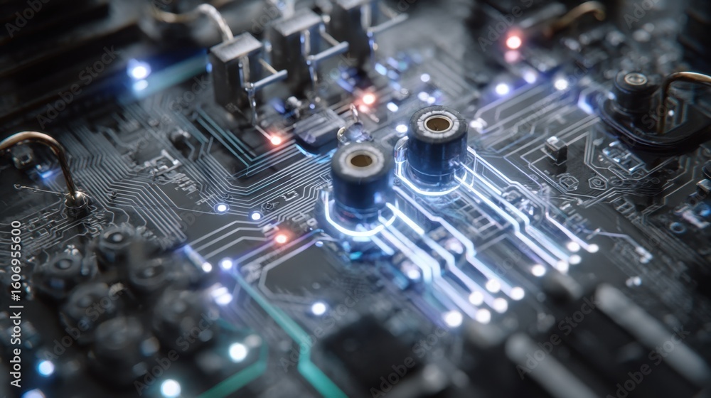 Poster complex electronic circuit board showcasing intricate connections, glowing components, and advanced 