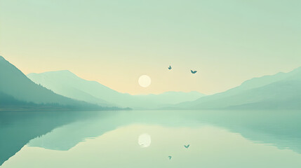 Obraz premium Serene mountain lake at sunrise with birds flying and sun reflection mountains dawn