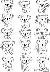 Cute koala bear illustrations set – hand-drawn cartoon Australian animal clipart, sitting and eating eucalyptus, kawaii outline vector collection
