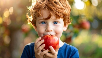A young boy with red hair eating an apple outdoors