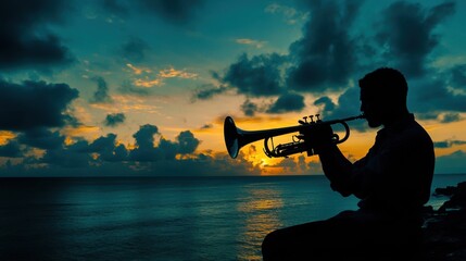 Silhouette of a Musician Playing Trumpet Against a Stunning Ocean Sunsetscape