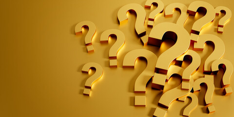 Pile of golden Question Marks on golden background with copy space - 3D illustration