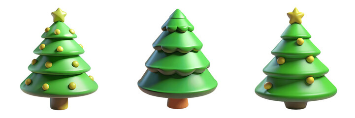 Fototapeta premium Set For Three festive christmas trees decorated with stars and ornaments, isolated on transparent background