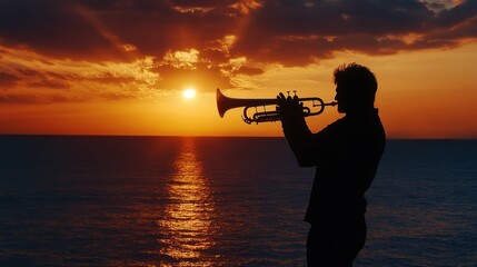 Silhouette of Musician Playing Trumpet During Sunset Over Ocean Waters