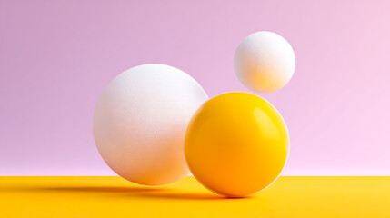 Fototapeta premium 3D rendering of three white and yellow spheres floating on a flat background