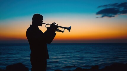 Silhouette of a trumpet player by the sea during sunset, embodying musical passion and coastal