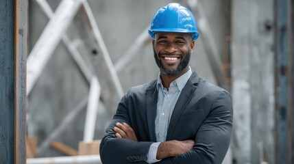 A smiling Black construction professional, arms crossed, wearing a blue helmet and suit