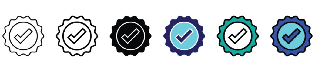 Verified Badge Icon Set – Checkmark Certification and Quality Seal Symbols in Line and Color Styles

