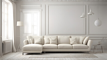 Fototapeta premium Contemporary living room with clean-lined furniture and neutral tones, soft ambient lighting.