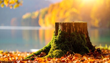 Autumnal tree stump by a lake