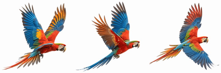 Set For Three colorful macaws are captured in midflight isolated on transparent background