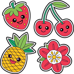 Cute kawaii style cartoon fruit stickers featuring a happy strawberry cherries pineapple and a red flower with white outline
