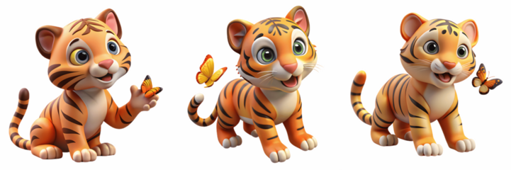 Set For Three cute cartoon tiger cubs with butterflies isolated on transparent background are playing