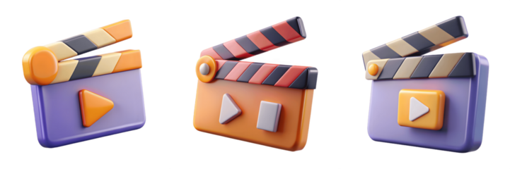 Set For colorful movie clapperboards isolated on transparent background represent film production