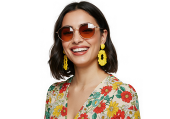 Woman smiling with sunglasses and yellow flower earrings on on transparent background