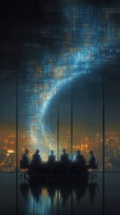 Futuristic boardroom overlooking a vibrant cityscape at night.