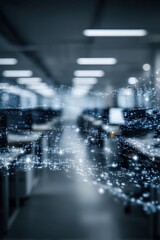 Blurry office with a futuristic, digital atmosphere.