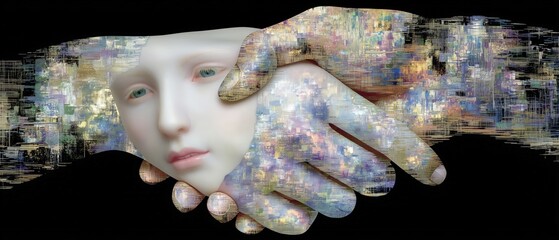 A surreal handshake blending human features and abstract elements.