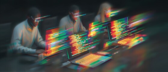 Tech-savvy individuals coding with vibrant digital screens.