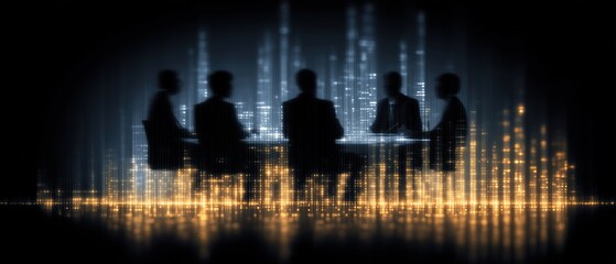 Silhouettes of business professionals in a digital meeting setting.