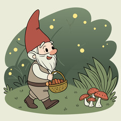 Cheerful Garden Gnome with Mushrooms in Magical Forest – Whimsical Digital Art	