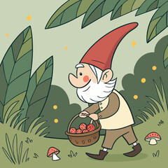 Cheerful Garden Gnome with Mushrooms in Magical Forest – Whimsical Digital Art	