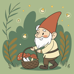 Cheerful Garden Gnome with Mushrooms in Magical Forest – Whimsical Digital Art	