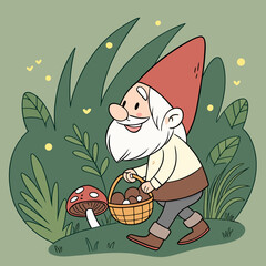 Cheerful Garden Gnome with Mushrooms in Magical Forest – Whimsical Digital Art	