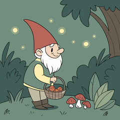 Cheerful Garden Gnome with Mushrooms in Magical Forest – Whimsical Digital Art	