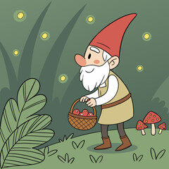 Cheerful Garden Gnome with Mushrooms in Magical Forest – Whimsical Digital Art	