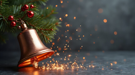 composition de noël : cloche dorée, branche de sapin, boules rouges et paillettes dorées, Isolé sur fond gris noir studio