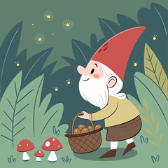 Cheerful Garden Gnome with Mushrooms in Magical Forest – Whimsical Digital Art	