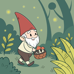 Cheerful Garden Gnome with Mushrooms in Magical Forest – Whimsical Digital Art	