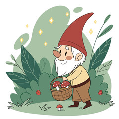 Cheerful Garden Gnome with Mushrooms in Magical Forest – Whimsical Digital Art	
