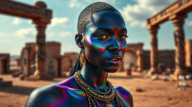 Portrait of a black female warrior with determined expression standing before desert ruins &ndash; illustration for the fairy tale "The Seven Voyages of Sinbad the Sailor"