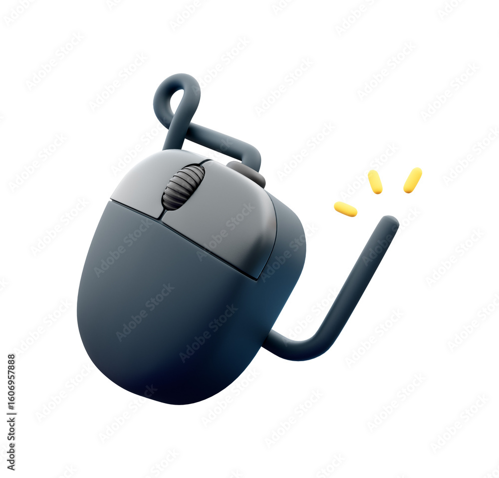Poster playful 3d render of a dark blue computer mouse with energetic, abstract sparks
