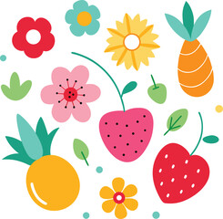 A vibrant collection of colorful and playful hand drawn cartoon fruits and flowers arranged in a circular pattern with a white background